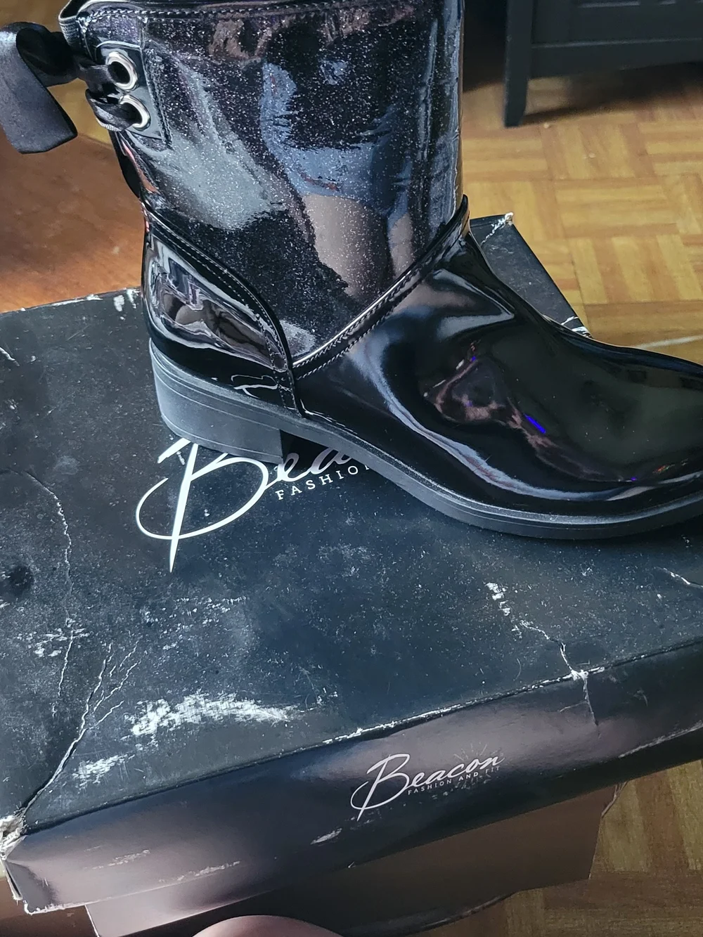 Beacon Black Glossy Rain Boots with Sparkle Shaft